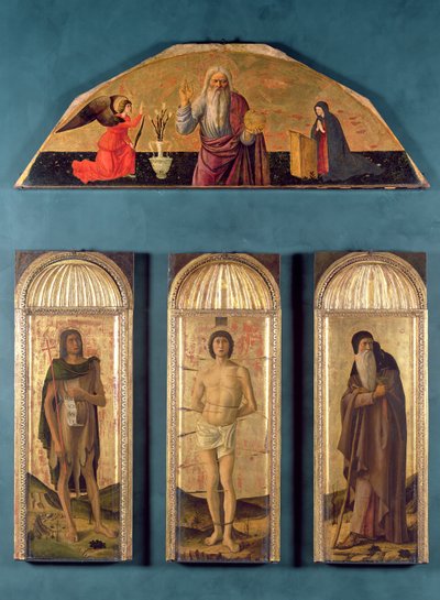 St. Sebastian zwischen St. Johannes dem Täufer und St. Antonius dem Abt, in der Lünette Ewigkeit und die Verkündigung von Giovanni Bellini